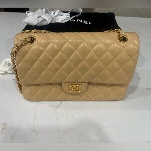 Beige Leather Bag with Gold Chain
